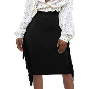 Women's Black High Waist Side Tassels Fringe Bodycon Pencil Midi Skirt